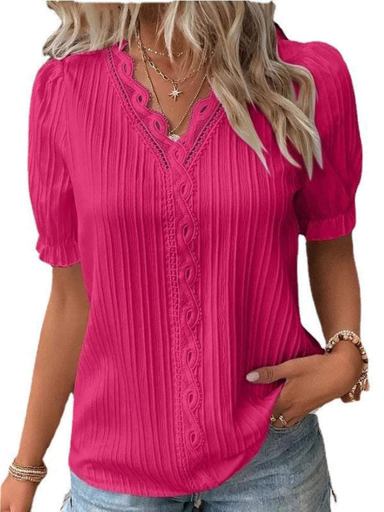 Women's Summer New Solid Sexy V-Neck Hollow Short Sleeve Shirt Fashion Splice Plus Size Blouse Loose Street Apparel