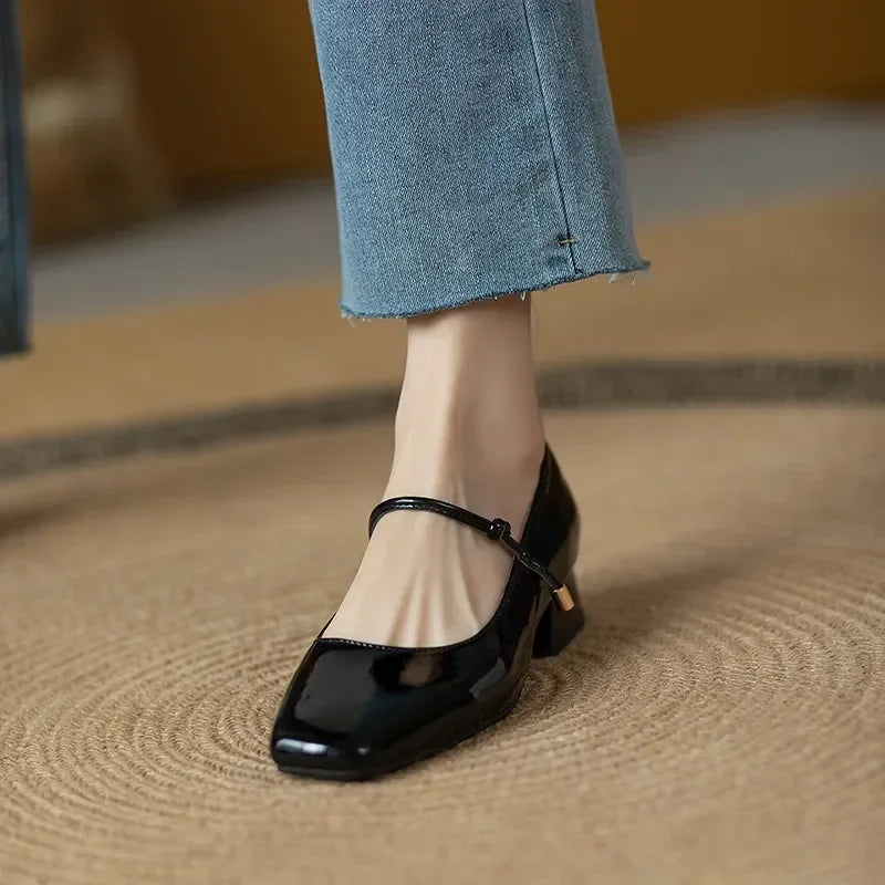 High Heels French Dress Party Shoes for Woman Platform Patent Leather Mary Jane Burgundy Black Square Toe Mid-heel Pumps