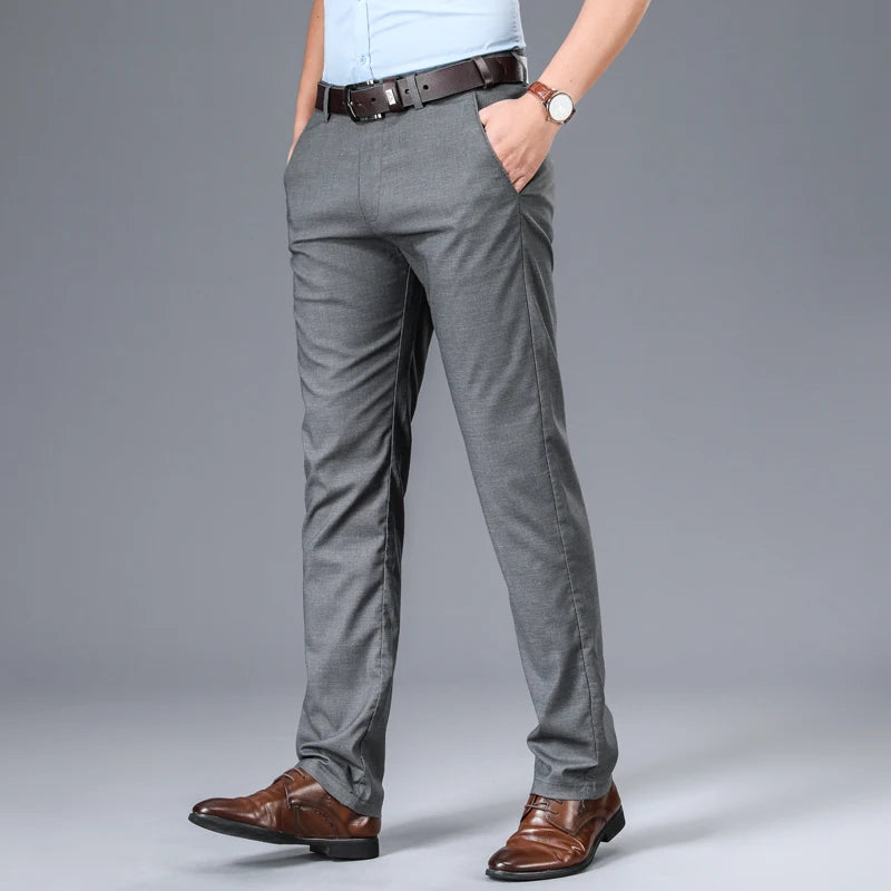 Brand new Spring Summer Men's Soft Stretch Fabric Business Suit Pants Male Elastic Waist Straight Classic Work Wear Grey Trousers