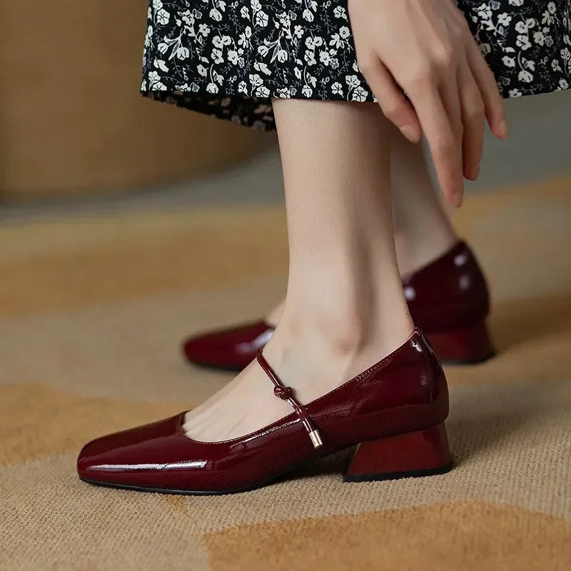High Heels French Dress Party Shoes for Woman Platform Patent Leather Mary Jane Burgundy Black Square Toe Mid-heel Pumps
