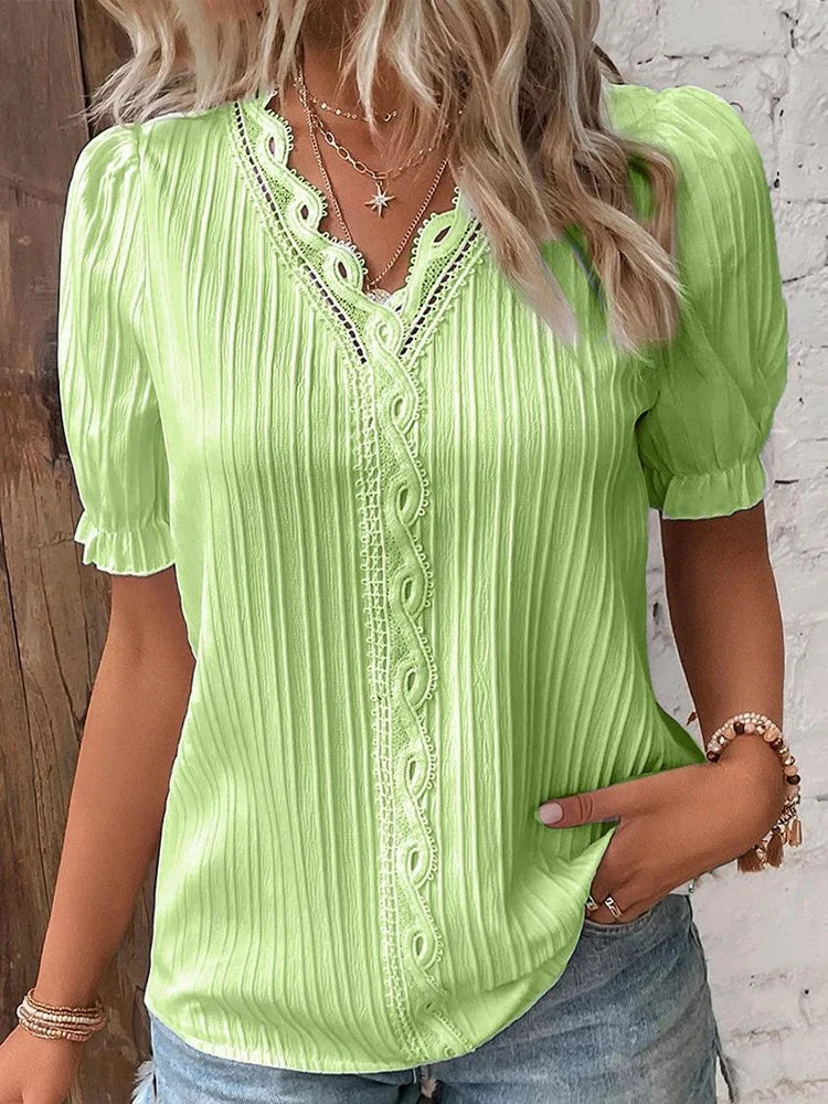 Women's Summer New Solid Sexy V-Neck Hollow Short Sleeve Shirt Fashion Splice Plus Size Blouse Loose Street Apparel