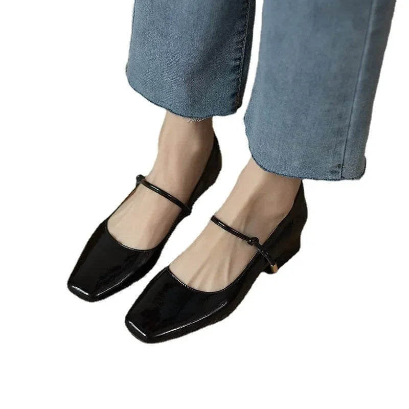 High Heels French Dress Party Shoes for Woman Platform Patent Leather Mary Jane Burgundy Black Square Toe Mid-heel Pumps