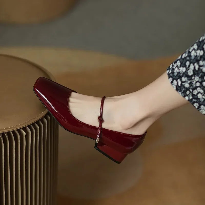 High Heels French Dress Party Shoes for Woman Platform Patent Leather Mary Jane Burgundy Black Square Toe Mid-heel Pumps