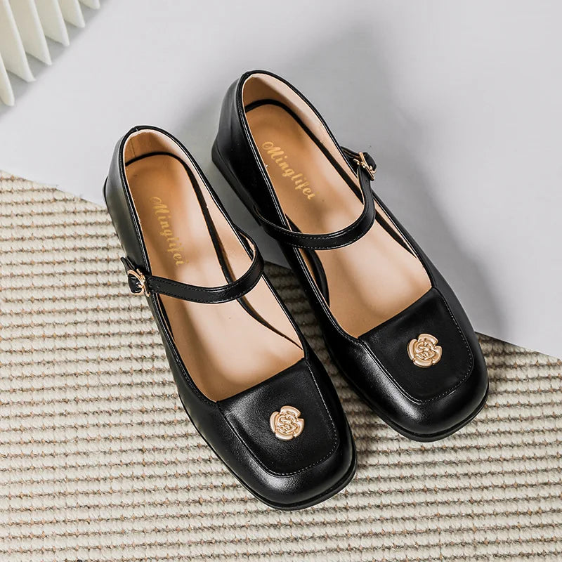 Spring and Autumn Women's Leather Shoes Mary Jane Shoes Flower Design Care and Party Wear Ladies Casual High Heels Large Size 43