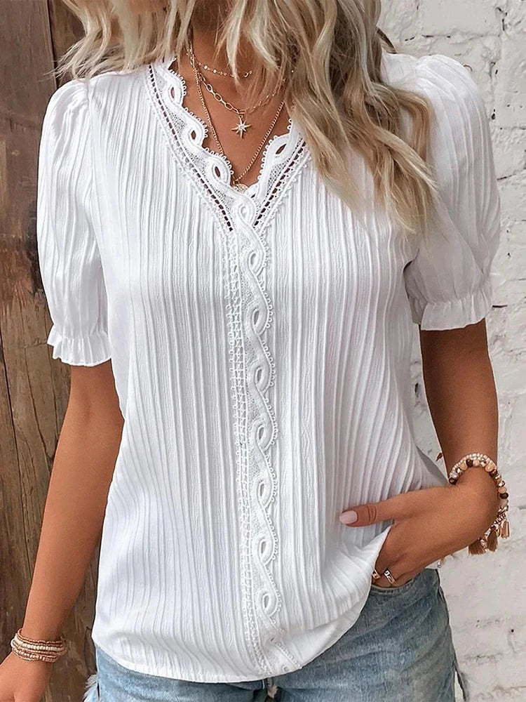 Women's Summer New Solid Sexy V-Neck Hollow Short Sleeve Shirt Fashion Splice Plus Size Blouse Loose Street Apparel