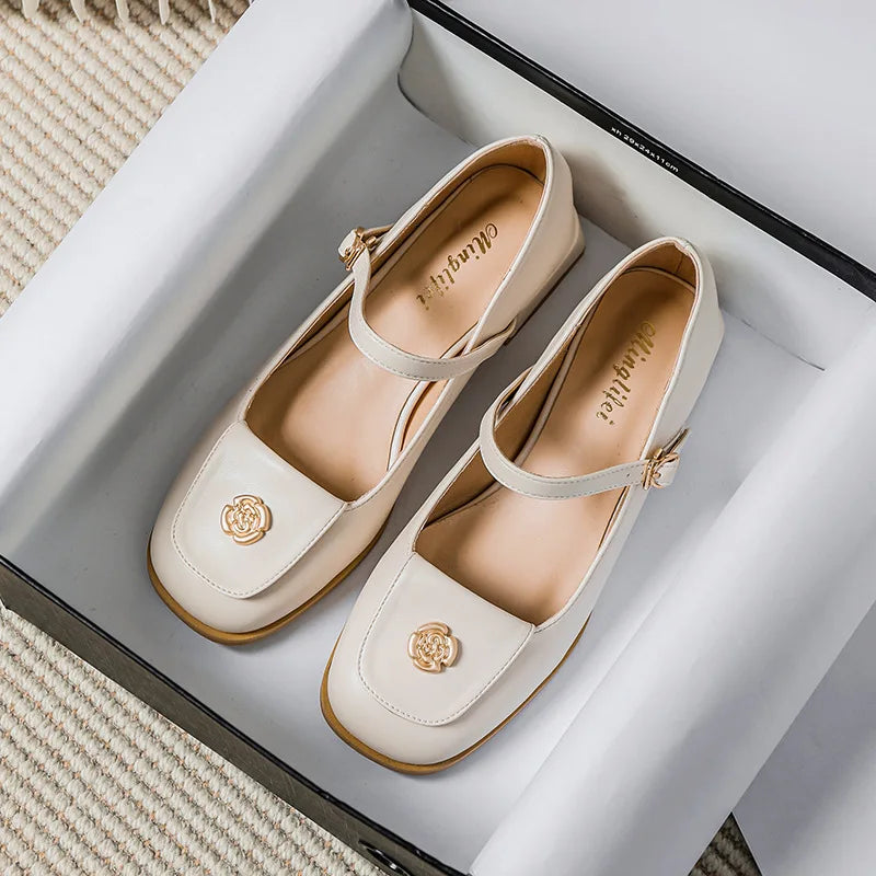Spring and Autumn Women's Leather Shoes Mary Jane Shoes Flower Design Care and Party Wear Ladies Casual High Heels Large Size 43