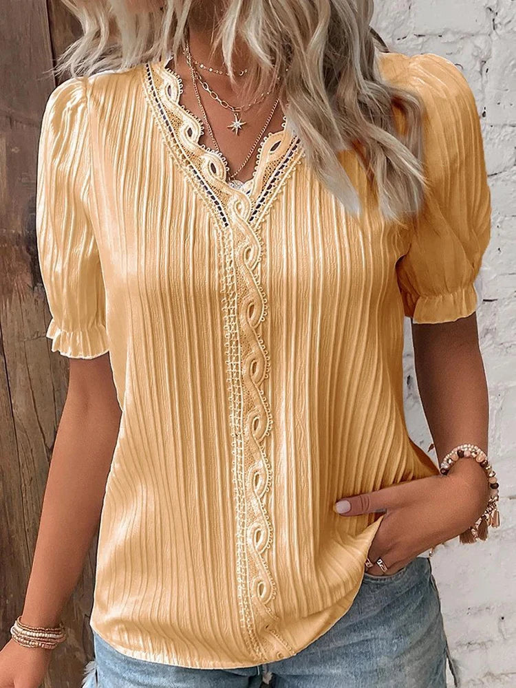 Women's Summer New Solid Sexy V-Neck Hollow Short Sleeve Shirt Fashion Splice Plus Size Blouse Loose Street Apparel