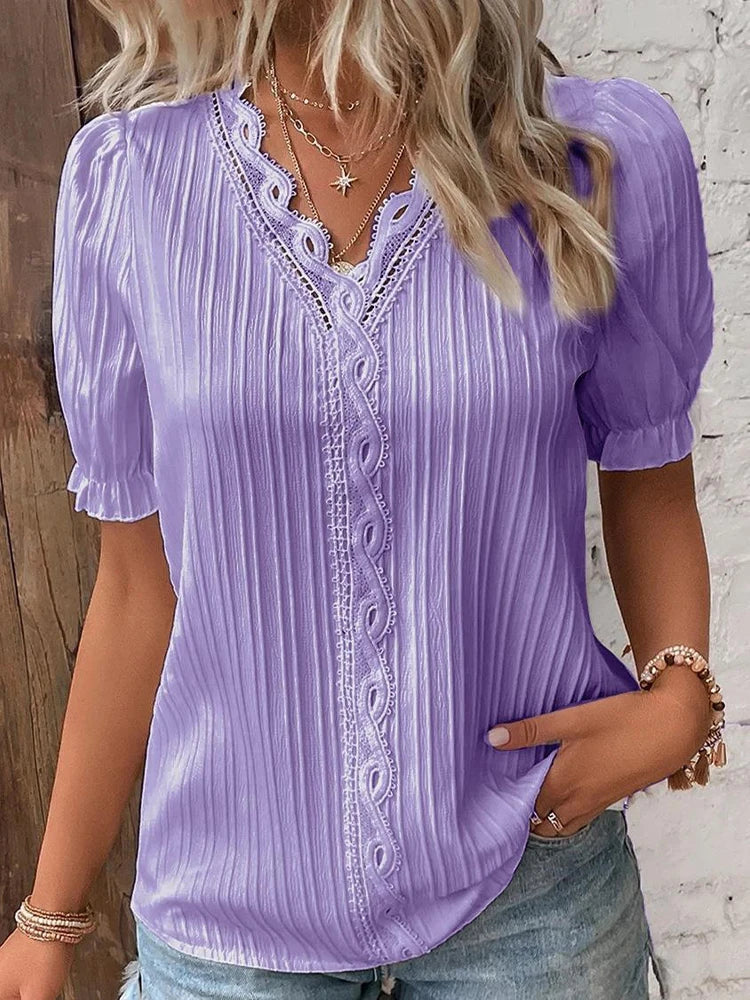 Women's Summer New Solid Sexy V-Neck Hollow Short Sleeve Shirt Fashion Splice Plus Size Blouse Loose Street Apparel