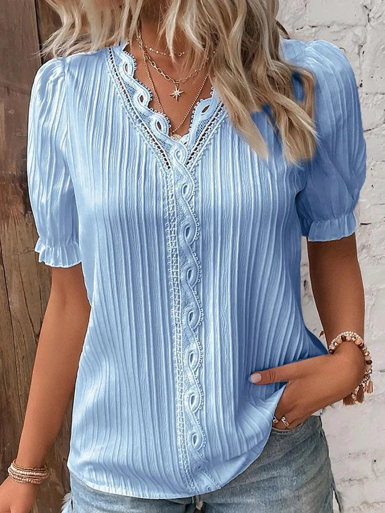 Women's Summer New Solid Sexy V-Neck Hollow Short Sleeve Shirt Fashion Splice Plus Size Blouse Loose Street Apparel