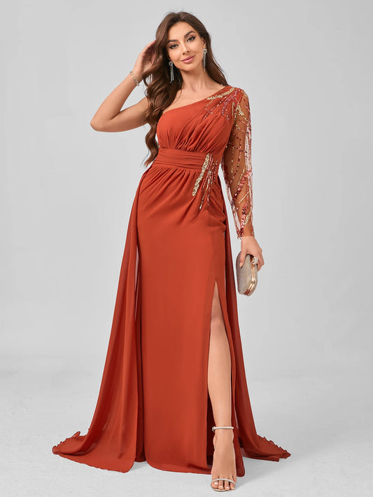 Women's Formal Evening Dress (Heavy Work Style) Elegant Long Sleeve Prom Wedding Guest Gown, For Graduation, Dinner Party Dress