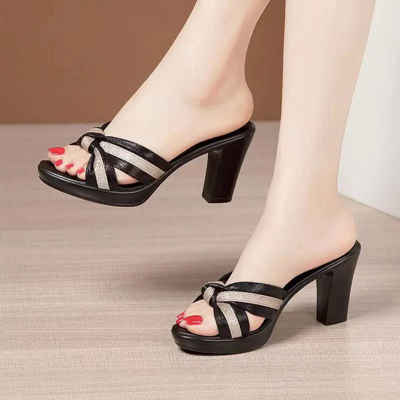 New Brand High Heels Shoes Women Chunky Slippers Summer Designer Ladies Sandals