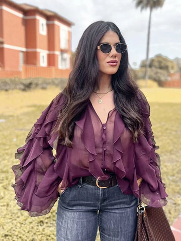 Ruffles Women Elegant Blouses 2026 Fashion Ladies Sweet Hazy Mesh Shirts for Festival Female Vintage Tops Girls Chic Clothes