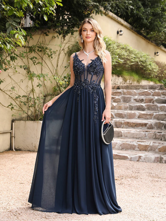 Spaghetti Straps Navy Blue A Line Evening Dresses 2026 Elegant Beaded Appliques Illusion Prom Gowns Formal Party Vestido De Gala