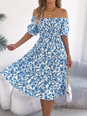 Women's Elegant Square Neck Short Sleeve Floral Print Dress for 2026 Spring Summer Fashion Casual Off Shoulder Ruffled Dresses