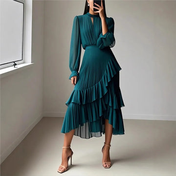 Ruffled Pleated Long-sleeved Hollow Dress New Solid Color Dress Spring Summer Women's Mid-length Dress Vestidos Para Mujer