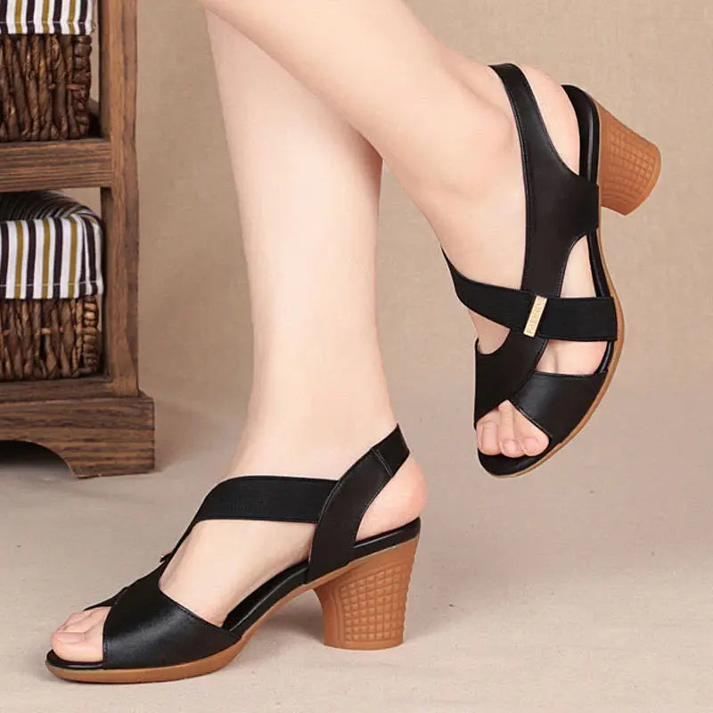 Women Summer Sandals Platform Round Mid Heel Back Strap Peep Toe Pu Leather Beach Casual Fashion Shoes Ladies Female Whosale