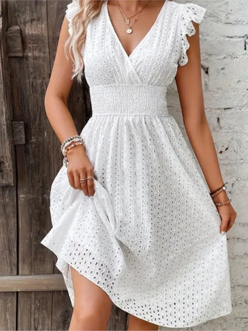 Elegant White Ruffles Dress For Women Fashion Sexy V Neck Hollow Out High Waist Loose Dresses Lady Casual Holiday Beach Clothes
